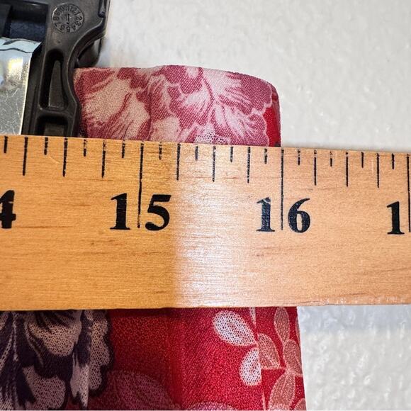 Vintage 70s Red Floral Pleated Knee Length Skirt Womens 16 Sheer Boho Peasant - Picture 6 of 10